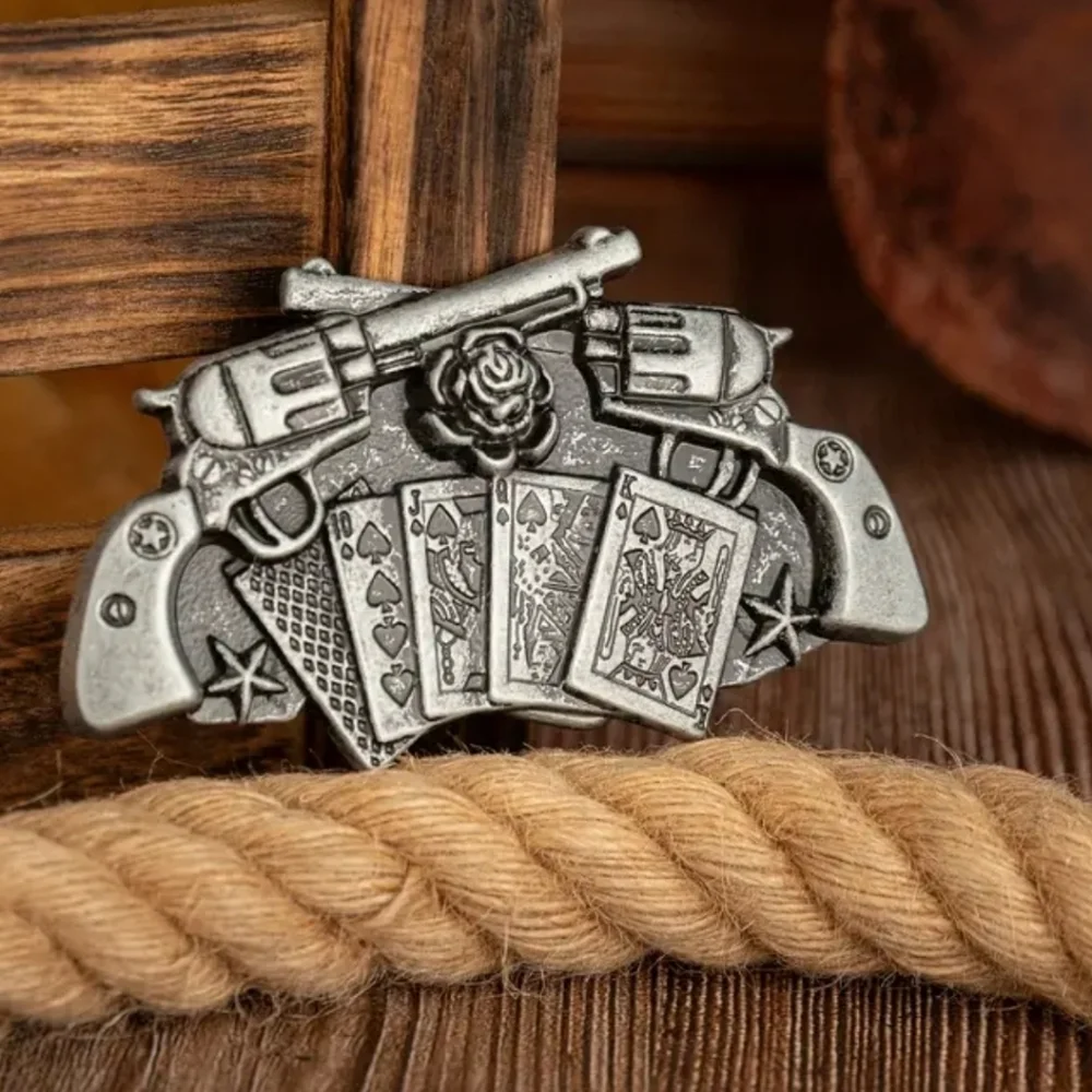 New Men's Cowboy Western Gun and Poker Card Belt Buckle